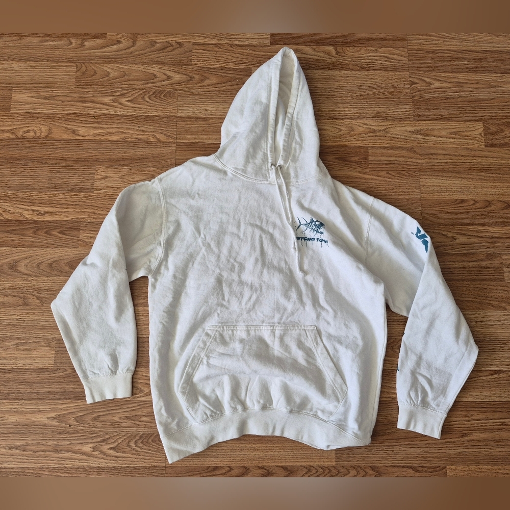 Psycho Tuna Men's Cotton Blend White Hoodie with Blue Graphic